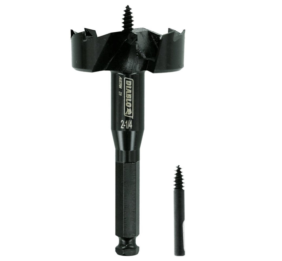 Studio shot of the black Diablo 3-inch self-feed bit standing upright with a replacement feed screw next to the hex shank.