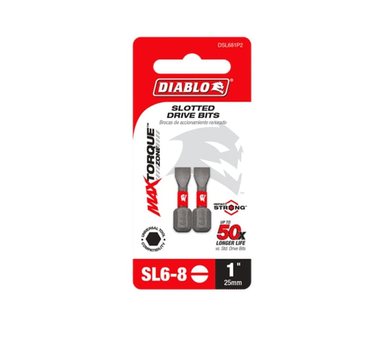 The retail hanging card packaging for the Diablo DSL681P2 Slotted Drive Bit set. The red and white card displays the Diablo logo, two bits with red brand bands, and marketing text for the MaxTorque Zone and Impact Strong durability. Icons at the bottom prominently show the SL6-8 size, 1-inch (25mm) length, and a 50X longer life rating compared to standard bits.