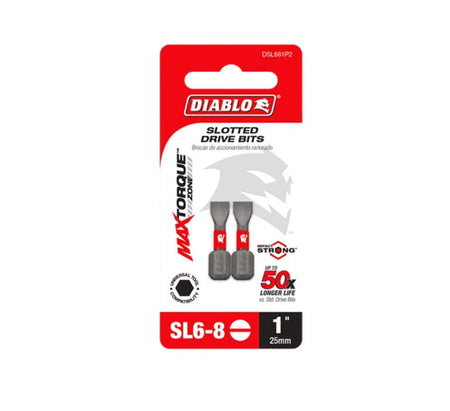 The retail hanging card packaging for the Diablo DSL681P2 Slotted Drive Bit set. The red and white card displays the Diablo logo, two bits with red brand bands, and marketing text for the MaxTorque Zone and Impact Strong durability. Icons at the bottom prominently show the SL6-8 size, 1-inch (25mm) length, and a 50X longer life rating compared to standard bits.