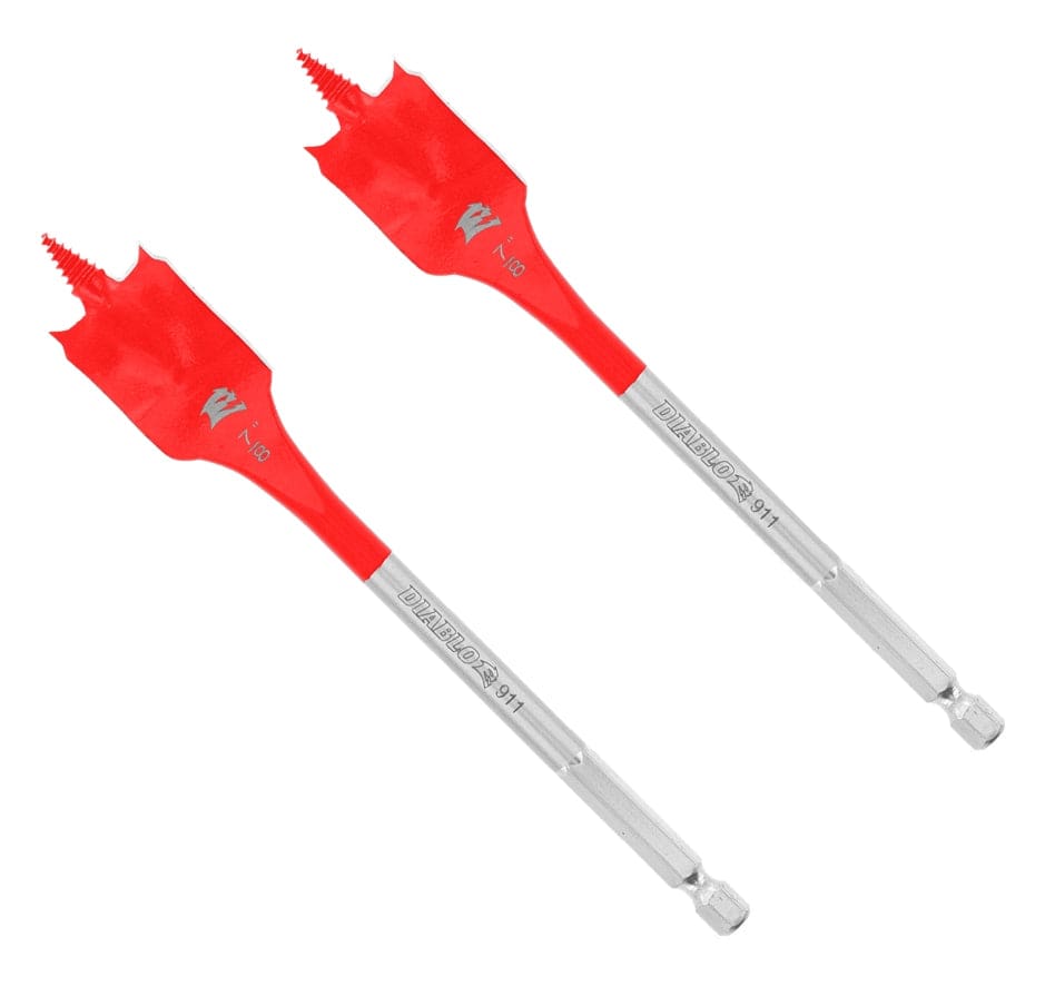 A pair of silver Diablo 7/8-inch SPEEDemon spade bits featuring red-painted paddles and 1/4-inch hex shanks.