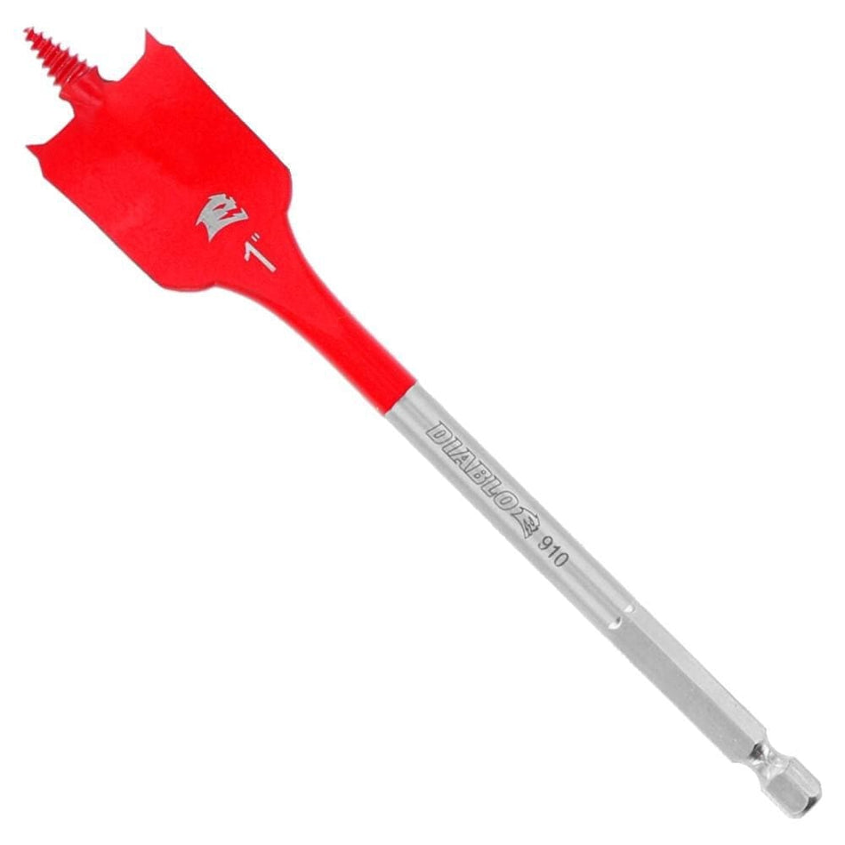 A high-resolution product shot of a silver Diablo 1-inch SPEEDemon spade bit featuring a red-painted paddle and a 1/4-inch hex shank.