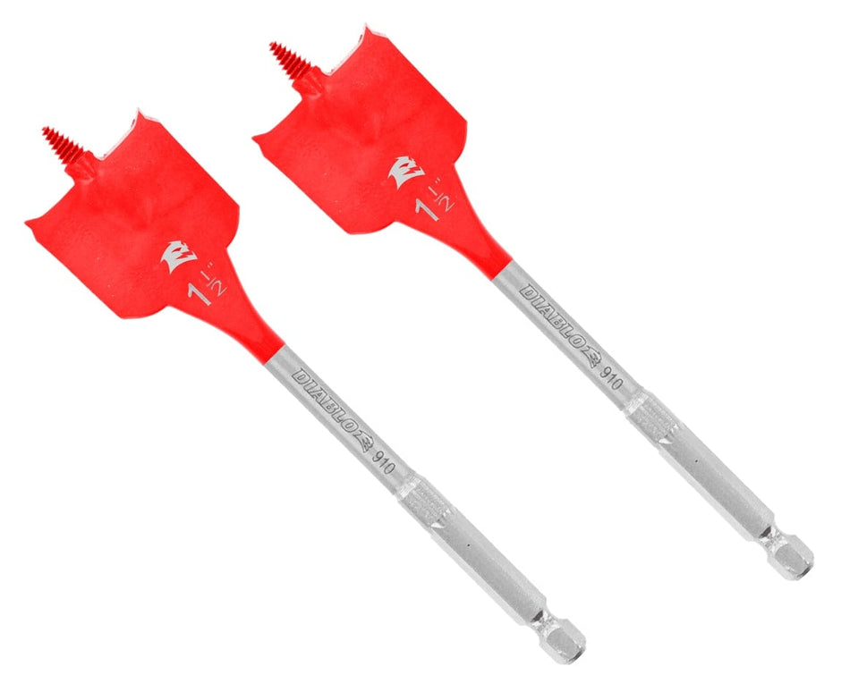 A product layout showing two 1-1/2-inch Diablo SPEEDemon spade bits with red curved paddles and silver 1/4-inch hex shanks.
