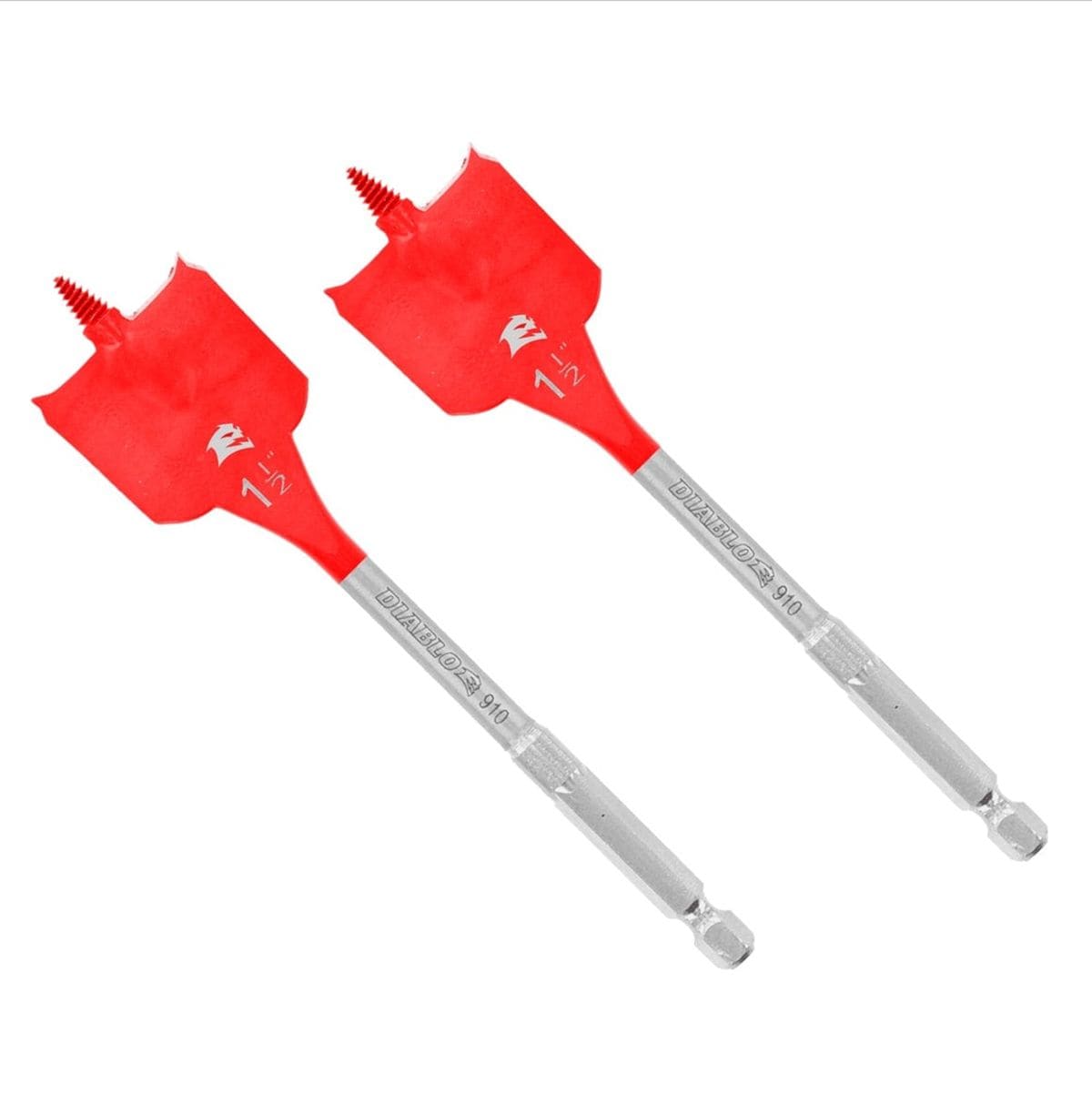 A product layout showing two 1-1/2-inch Diablo SPEEDemon spade bits with red curved paddles and silver 1/4-inch hex shanks.