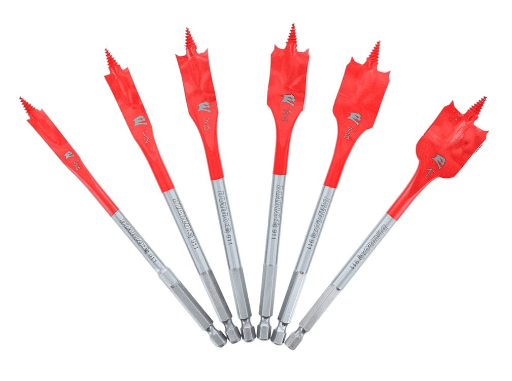 A studio product shot showing the six high carbon steel spade bits from the Diablo set arranged in a fan shape. Each bit features a vibrant red paddle with a silver brand logo and a silver Impact Strong hex shank. Sizes range from 3/8 inch to 1 inch.