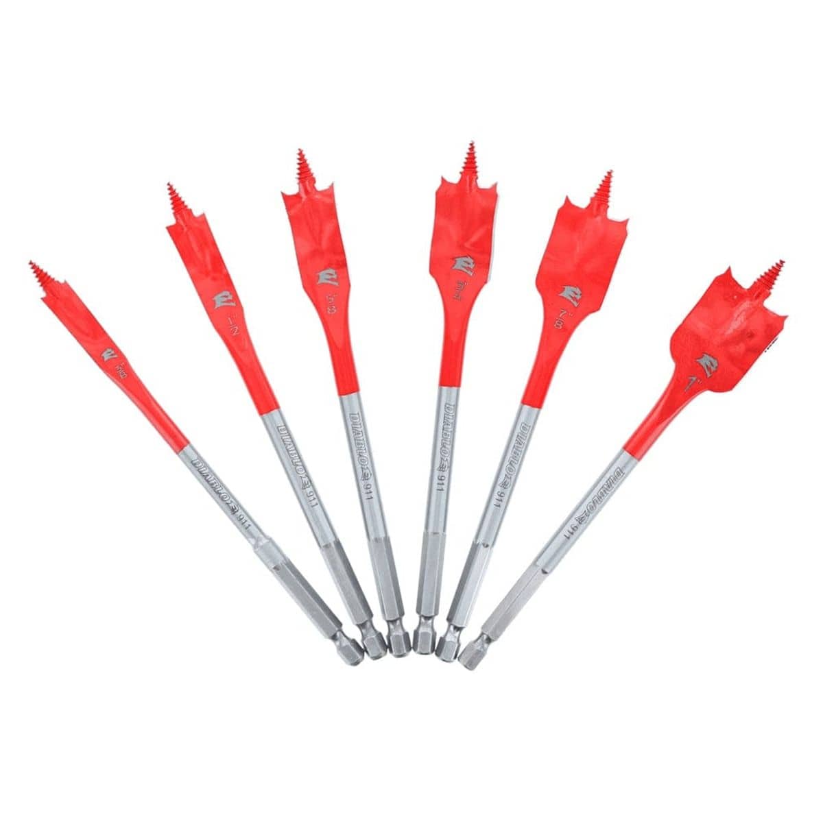 A studio product shot showing the six high carbon steel spade bits from the Diablo set arranged in a fan shape. Each bit features a vibrant red paddle with a silver brand logo and a silver Impact Strong hex shank. Sizes range from 3/8 inch to 1 inch.