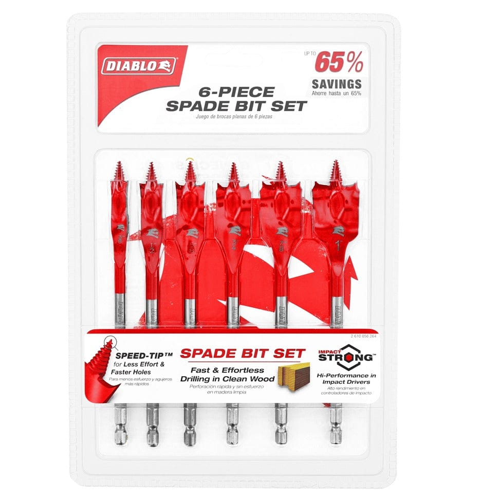 Retail clamshell packaging for the Diablo SPEEDemon 6-piece spade bit set. The clear packaging displays six red spade bits of varying sizes and features a prominent graphic stating Up to 65% Savings. Technical labels highlight the SPEED-TIP self-feed design and Impact Strong durability.
