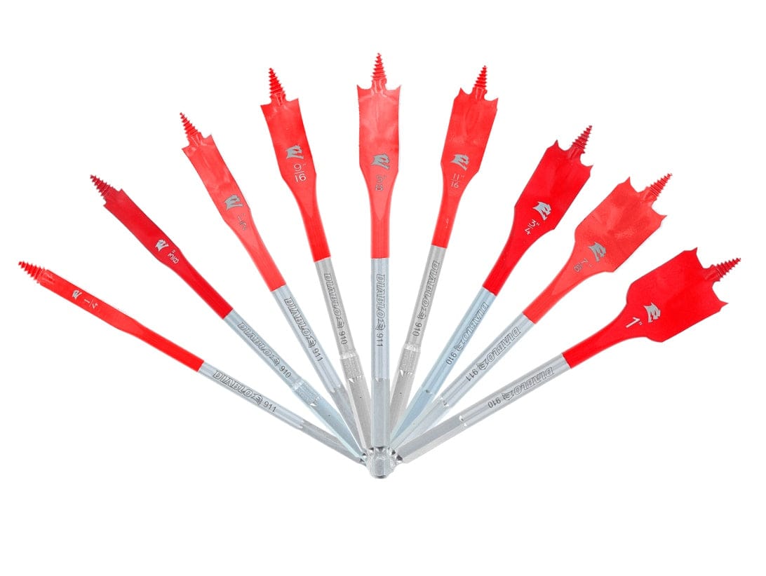 A high-resolution display of nine Diablo SPEEDemon spade bits arranged in a semi-circle, highlighting the threaded self-feeding Speed-Tip and precision-ground cutting edges designed for rapid wood drilling.