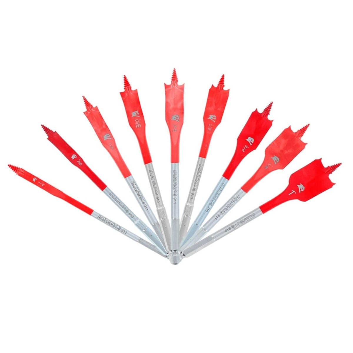 A professional product shot of the Diablo SPEEDemon 9-piece spade bit set fanned out to display various sizes from 1/4 inch to 1 inch, featuring the signature red high-carbon steel blades and silver impact-strong hex shanks.