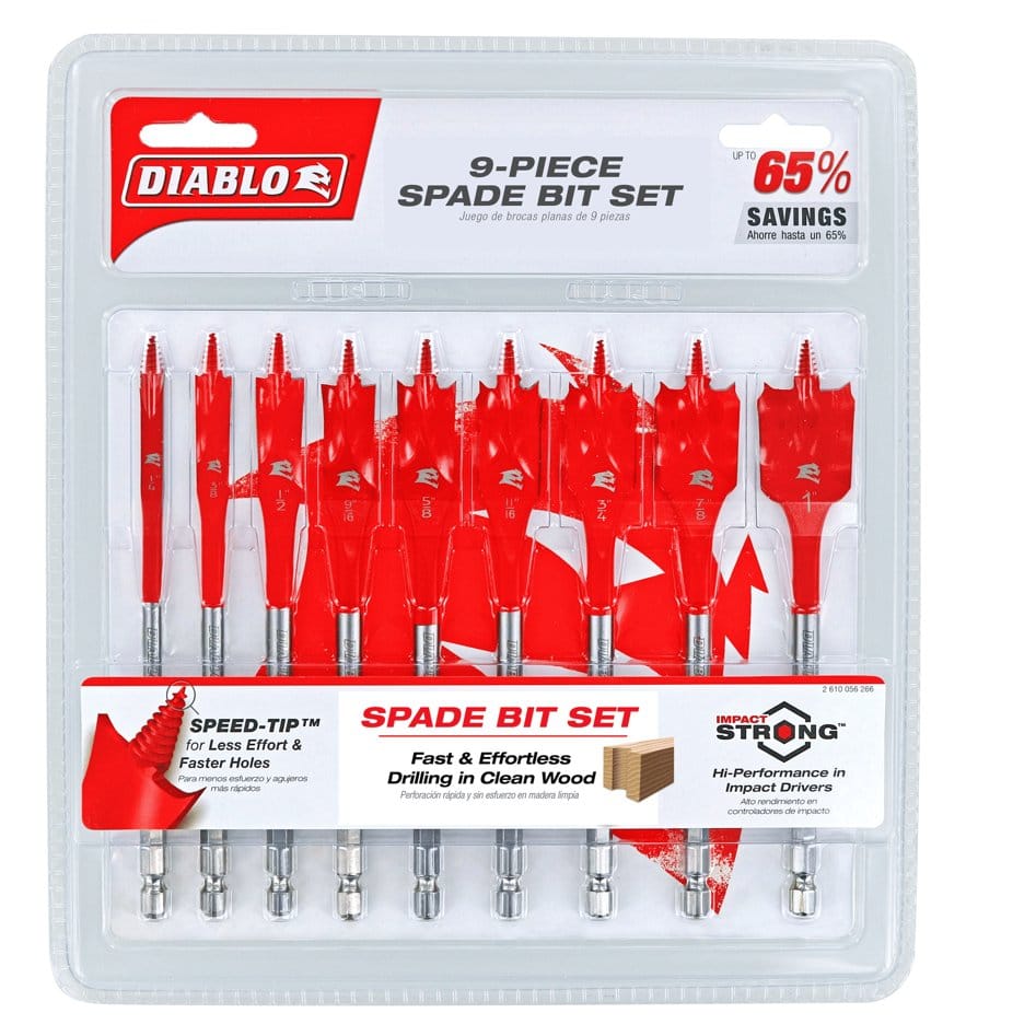 The retail blister pack for the Diablo DSP2930 9-piece spade bit set, showcasing the Impact Strong design for cordless impact drivers and promotional text emphasizing fast and effortless drilling in clean wood.