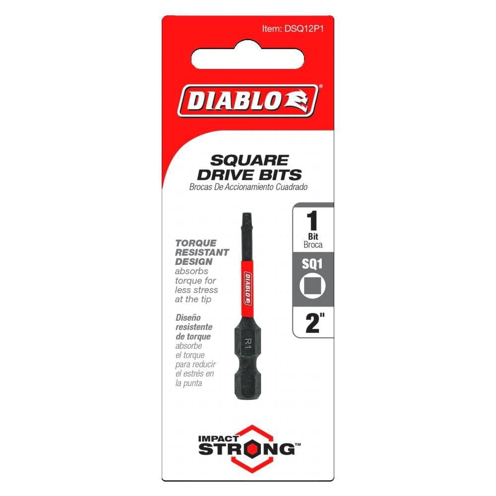Retail packaging for Diablo Square Drive Bits displaying a single 2-inch SQ1 bit with Impact Strong and Torque Resistant Design specifications