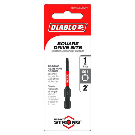 Retail packaging for Diablo Square Drive Bits displaying a single 2-inch SQ1 bit with Impact Strong and Torque Resistant Design specifications