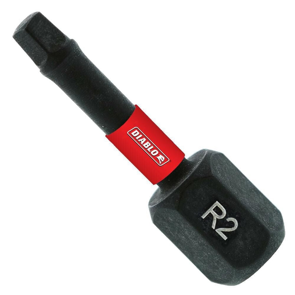 Diablo 1-inch impact bit featuring a black square drive tip, red branding band, and grey hex shank marked R2