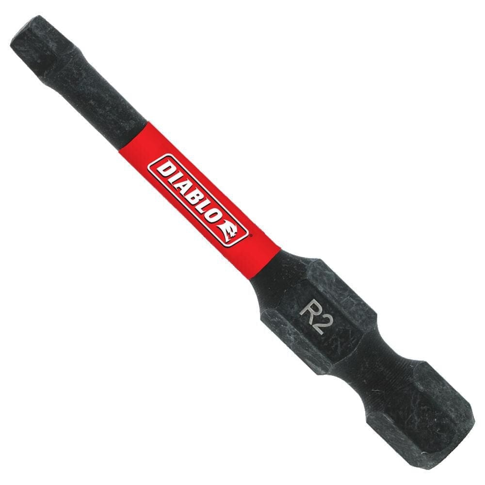 A close-up product shot of a Diablo #2 Square drive bit showing a black finish and a 1/4-inch hex shank for impact drivers. The bit is marked with a red band featuring the white Diablo logo and has the size R2 laser-etched on the metal shank to indicate a number 2 square head.