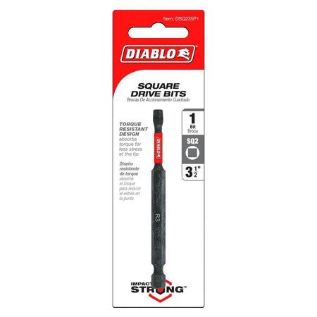 The front of the Diablo retail card packaging for the DSQ235P1 square drive bit, highlighting its torque resistant design, SQ2 size, and 3-1/2 inch length.