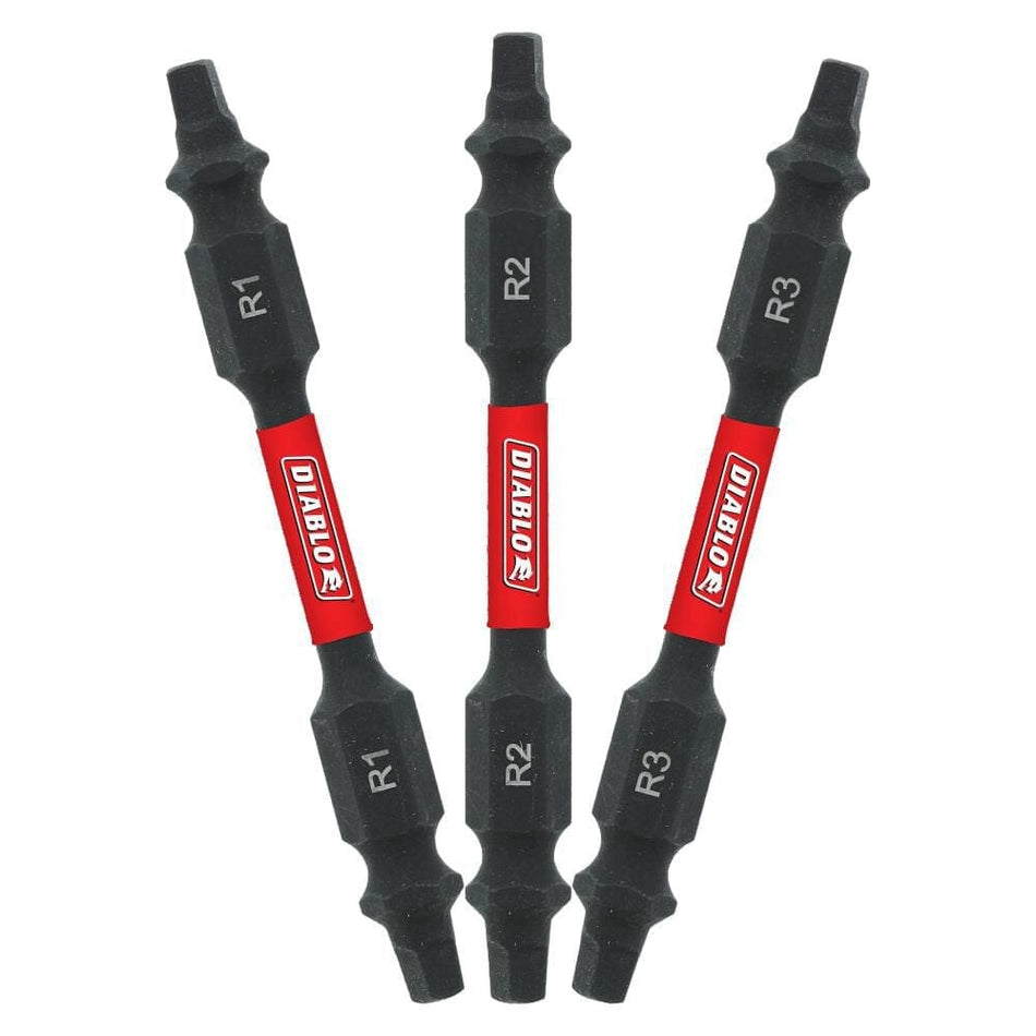 Three double-ended Diablo square drive bits arranged in a fanned-out pattern. The bits are black with red brand bands in the center and are clearly labeled with R1, R2, and R3 size markings in white text on both ends.