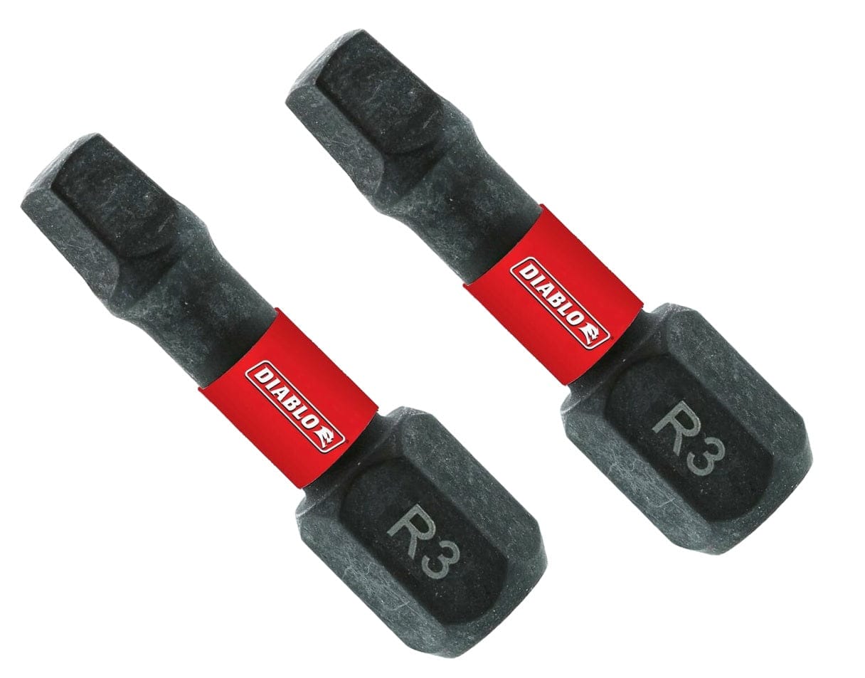A high-resolution product image featuring two Diablo #3 square drive bits positioned diagonally. Each bit has a black oxide finish, a 1/4-inch hex shank, and a distinctive red band featuring the white Diablo logo. The size identifier R3 is laser-etched in white on the lower portion of the bit bodies.