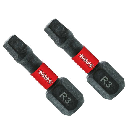 A high-resolution product image featuring two Diablo #3 square drive bits positioned diagonally. Each bit has a black oxide finish, a 1/4-inch hex shank, and a distinctive red band featuring the white Diablo logo. The size identifier R3 is laser-etched in white on the lower portion of the bit bodies.
