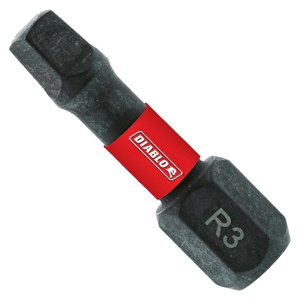 A close-up product shot of a single Diablo #3 square drive bit with a black finish and a 1/4-inch hex shank. The bit is identified by a red band with the white Diablo logo and has the size R3 laser-etched into the metal surface on the shank.