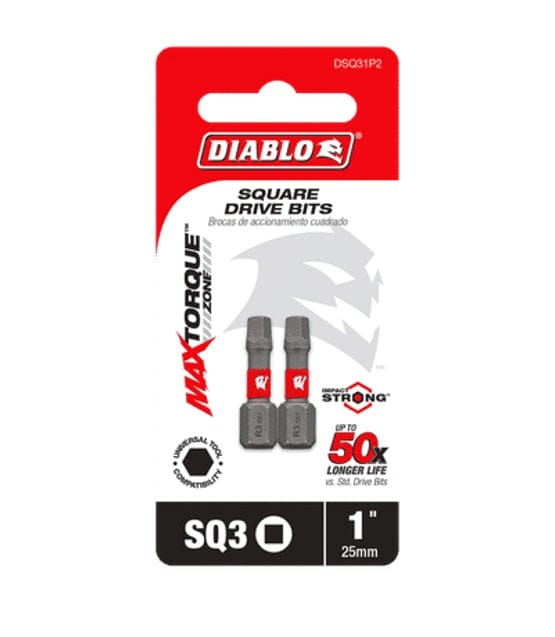 The retail hanging card packaging for the Diablo DSQ31P2 Square Drive Bit set. The red and white card displays two bits with red brand bands and includes high-visibility icons for the SQ3 bit size, 1-inch (25mm) length, and a quantity of two bits. Marketing text on the card highlights the MaxTorque Zone, Impact Strong technology, and a 50X longer life rating compared to standard drive bits.