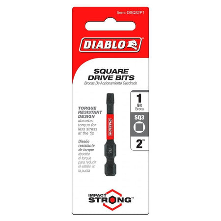 Retail packaging for Diablo Square Drive Bits displaying a single 2-inch SQ3 bit with Impact Strong and Torque Resistant Design specifications