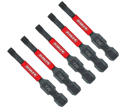 A fanned-out arrangement of six black Diablo Torx drive bits. Each bit features a 1/4-inch hex shank and a red band with the white Diablo logo, with size T40 laser-etched in white on the lower body.