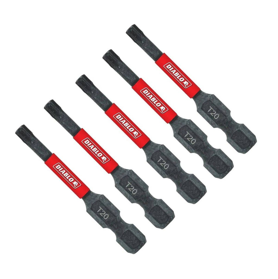 A fanned-out arrangement of six black Diablo Torx drive bits. Each bit features a 1/4-inch hex shank and a red band with the white Diablo logo, with size T40 laser-etched in white on the lower body.