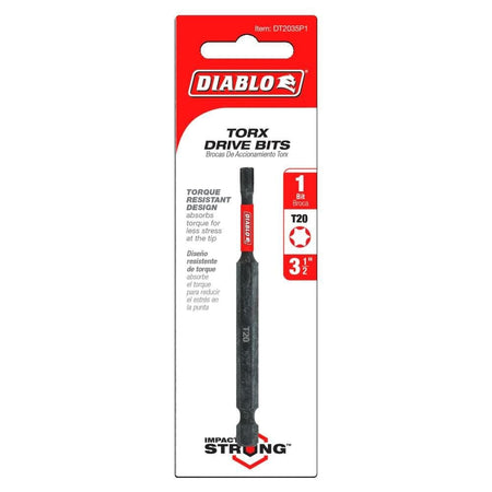 Retail packaging for the Diablo DT2035P1 Torx Drive Bit featuring the red and white Diablo logo. The card includes key marketing text such as Impact Strong and Torque Resistant Design, while icons clearly display the T20 bit size, the 3-1/2-inch length, and a 1-pack quantity.