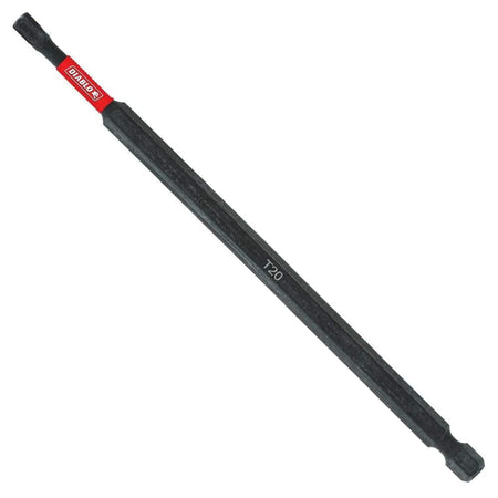 Full-length view of a Diablo 6-inch power bit featuring a black finish, a red branding band near the tip, and a 1/4 inch hex shank marked with T20