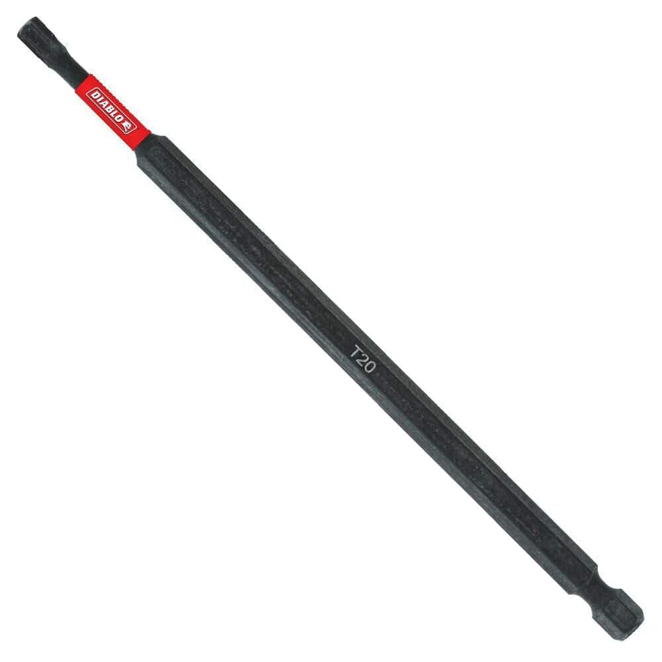 Full-length view of a Diablo 6-inch power bit featuring a black finish, a red branding band near the tip, and a 1/4 inch hex shank marked with T20