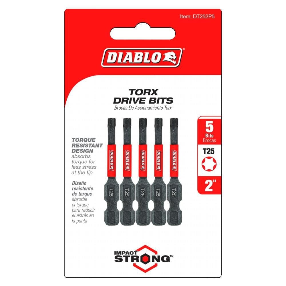 Retail hanging card packaging for a 5-pack of Diablo T25 Torx driver bits. The red and white card displays five bits with red brand bands and includes high-visibility icons for the T25 size, 2-inch length, and a 5-bit quantity. Marketing text on the card highlights the Torque Resistant Design and Impact Strong technology.