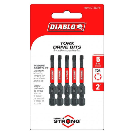 Retail hanging card packaging for a 5-pack of Diablo T25 Torx driver bits. The red and white card displays five bits with red brand bands and includes high-visibility icons for the T25 size, 2-inch length, and a 5-bit quantity. Marketing text on the card highlights the Torque Resistant Design and Impact Strong technology.