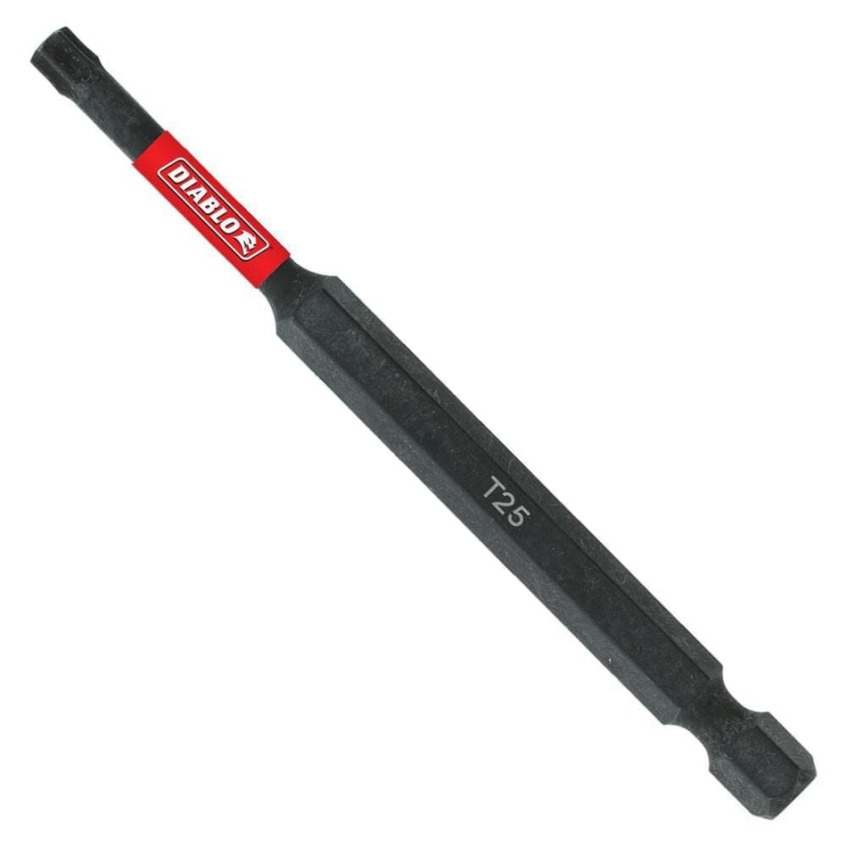 A profile view of a Diablo 3-1/2 inch T25 Torx impact power bit featuring a black finish, a red branding band, and a 1/4 inch hex shank