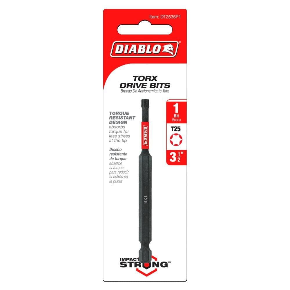 The front of the Diablo retail card packaging for the DT2535P1 Torx drive bit, highlighting its torque resistant design, T25 size, 3-1/2 inch length, and Impact Strong rating