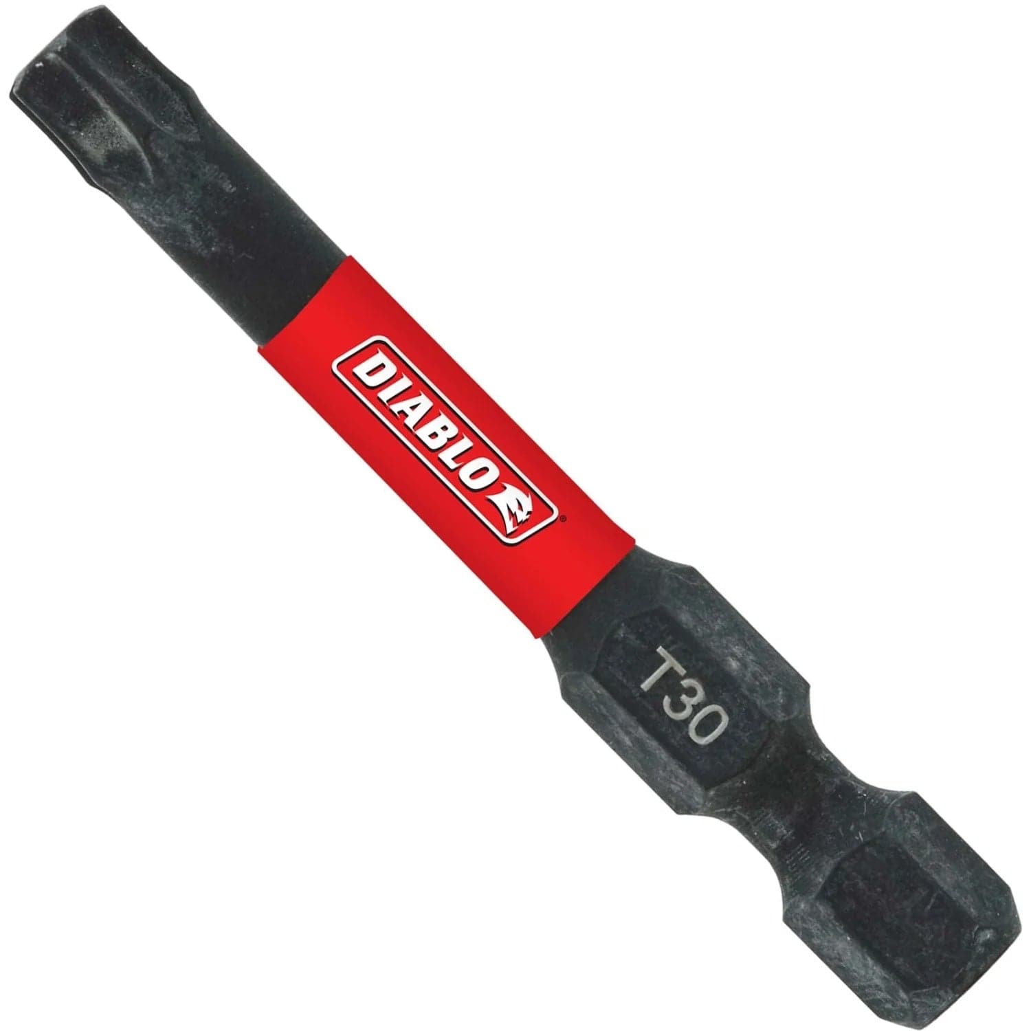 Full profile view of a Diablo 2-inch T30 Torx impact power bit featuring a black finish, red branding band, and 1/4 inch hex shank