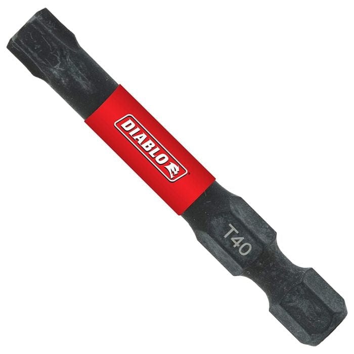 Full profile view of a Diablo 2-inch T40 Torx impact power bit featuring a black finish, red branding band, and a 1/4 inch hex shank