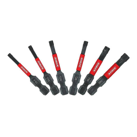 A product group shot featuring six assorted 2-inch Diablo Torx drive bits arranged in a fanned-out pattern. Each bit has a black finish, a 1/4-inch hex shank, and a red band with the Diablo logo. The specific sizes T10, T15, T20, T25, T30, and T40 are laser-etched in white on their respective bits.