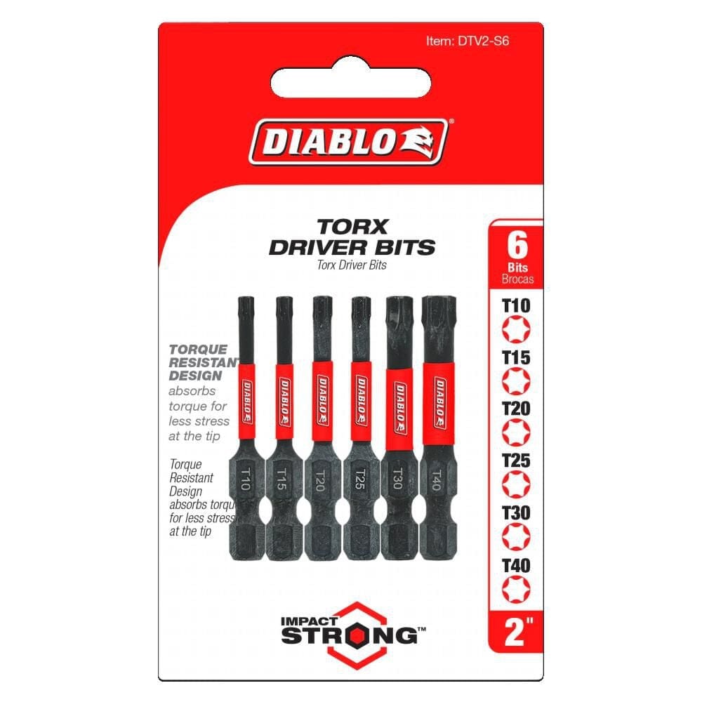 Retail hanging card packaging for the Diablo DTV2-S6 6-piece Torx driver bit set featuring the red and white Diablo logo. The card displays six assorted Torx bits and includes high-visibility icons for sizes T10, T15, T20, T25, T30, and T40, along with a 2-inch length indicator and marketing text for Torque Resistant Design and Impact Strong technology.