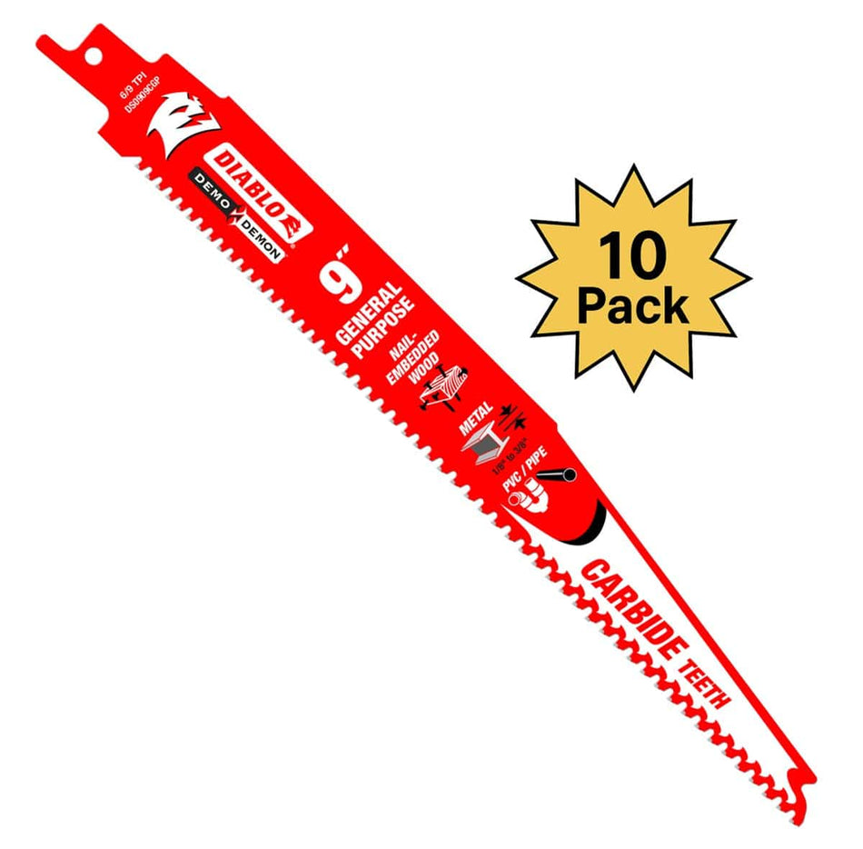 Close-up of a red Diablo Demo Demon 9-inch reciprocating saw blade featuring carbide teeth for general-purpose cutting. The blade is labeled for use on wood with nails and metal, with visible branding and specifications including “9", “CARBIDE TEETH,” and “GENERAL PURPOSE.” The blade’s aggressive tooth design and durable construction are optimized for demolition and heavy-duty cutting tasks.