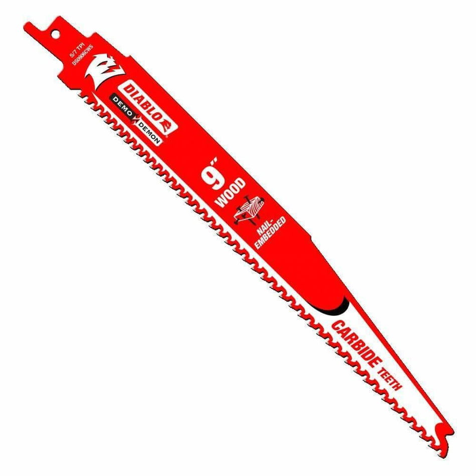 Close-up of a red Diablo Demo Demon 9-inch reciprocating saw blade labeled “CARBIDE TEETH” and “NAIL EMBEDDED WOOD.” The blade features a variable tooth design with 5/7 TPI for fast and efficient cutting. Product branding and model number “DS0906CWS10” are printed in white text, highlighting its durability and suitability for demolition and wood-cutting tasks.