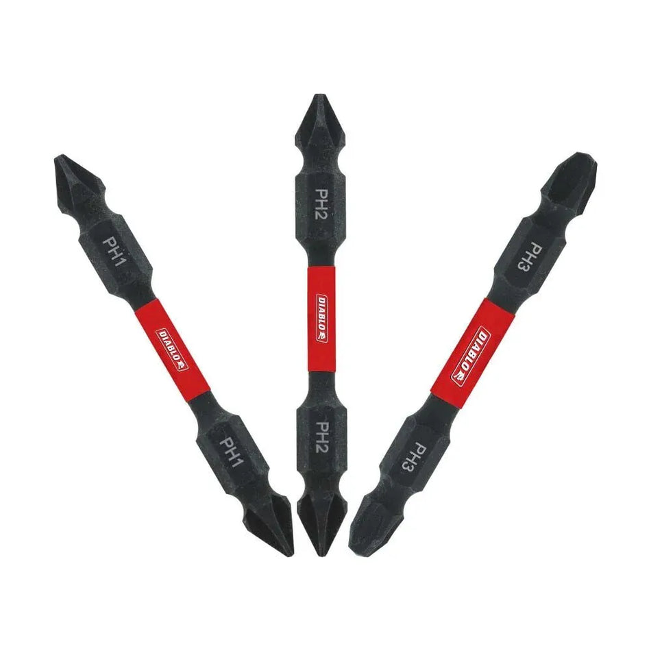 Diablo DDEPH225B 3-piece double-ended Phillips drive bit set featuring PH1, PH2, and PH3 impact-rated tips with 1/4-inch hex shanks.