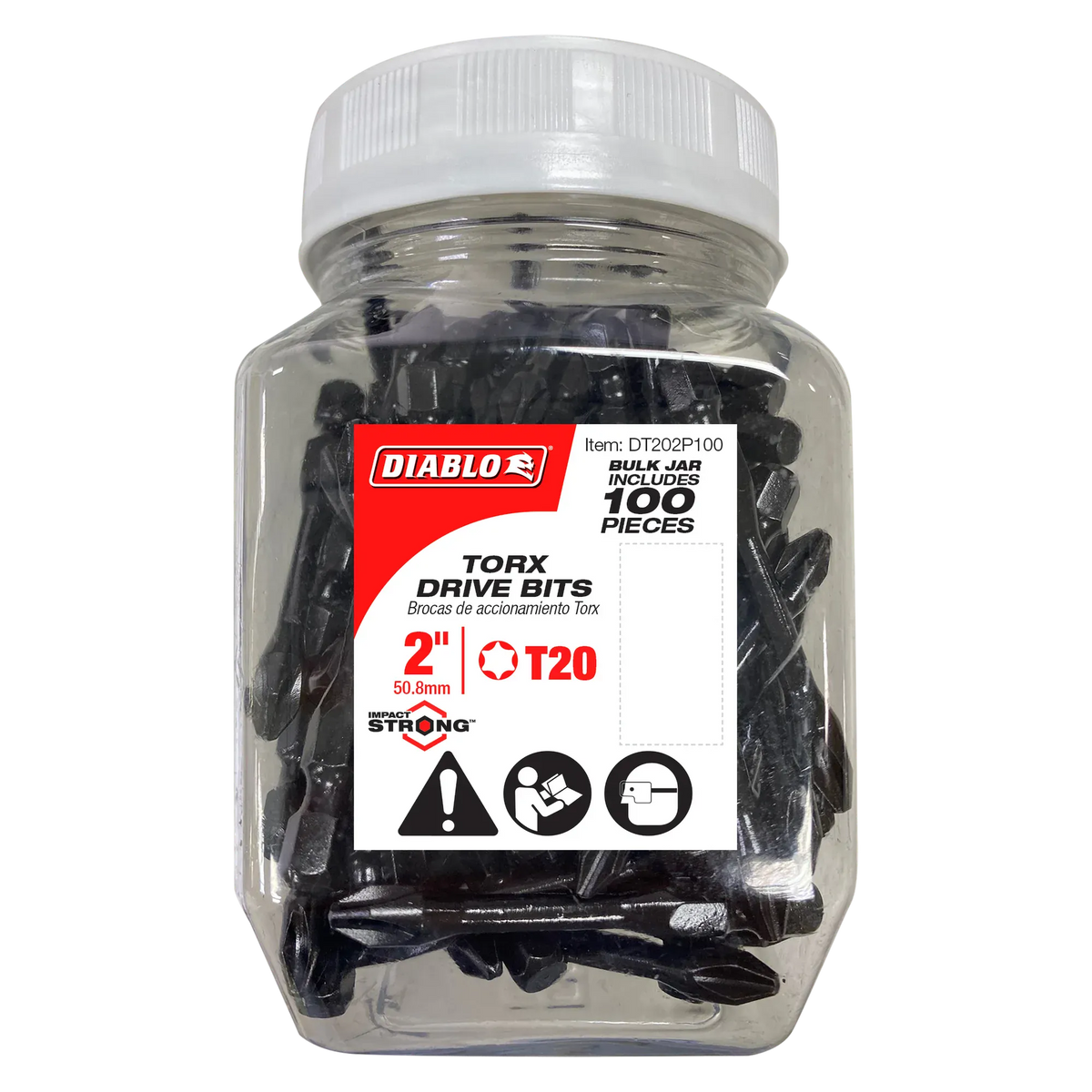 Clear plastic bulk storage jar filled with black Diablo 2-inch T20 Torx impact driver bits, featuring a highly visible red and white product label showing the item code, 100-pack indicator, star drive graphics, and Impact Strong branding.