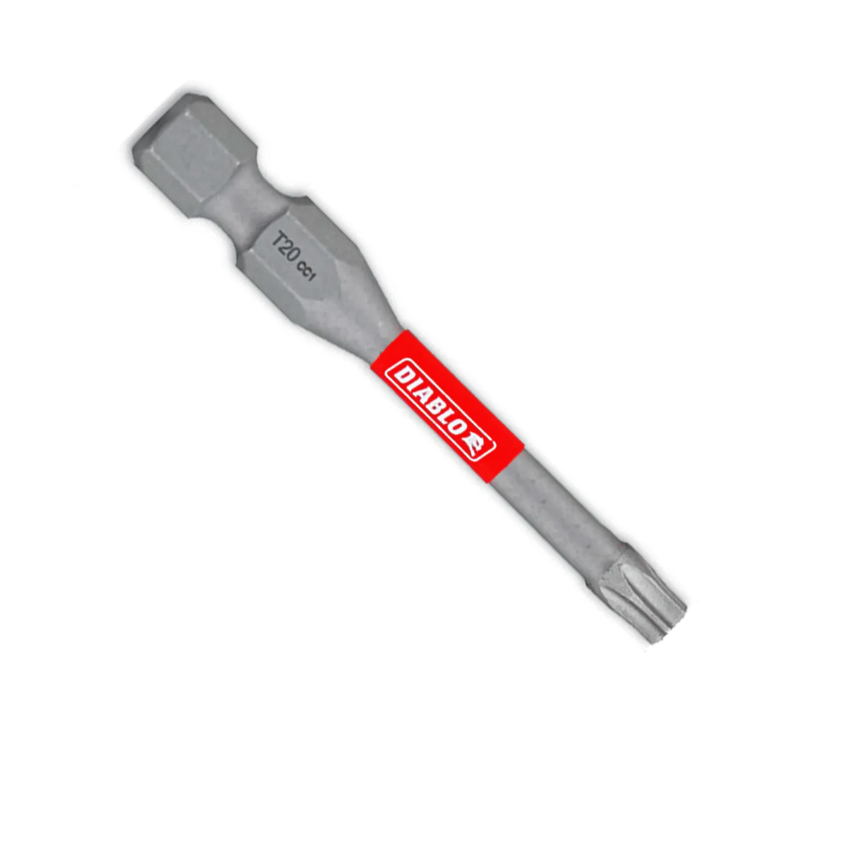 A single gray Diablo DT202P100 2-inch T20 Torx impact driver bit centered against a white background, showcasing its 1/4-inch hex shank with a laser-etched T20 size indicator, a red torsion zone sleeve with the prominent brand logo, and a star drive tip layout.