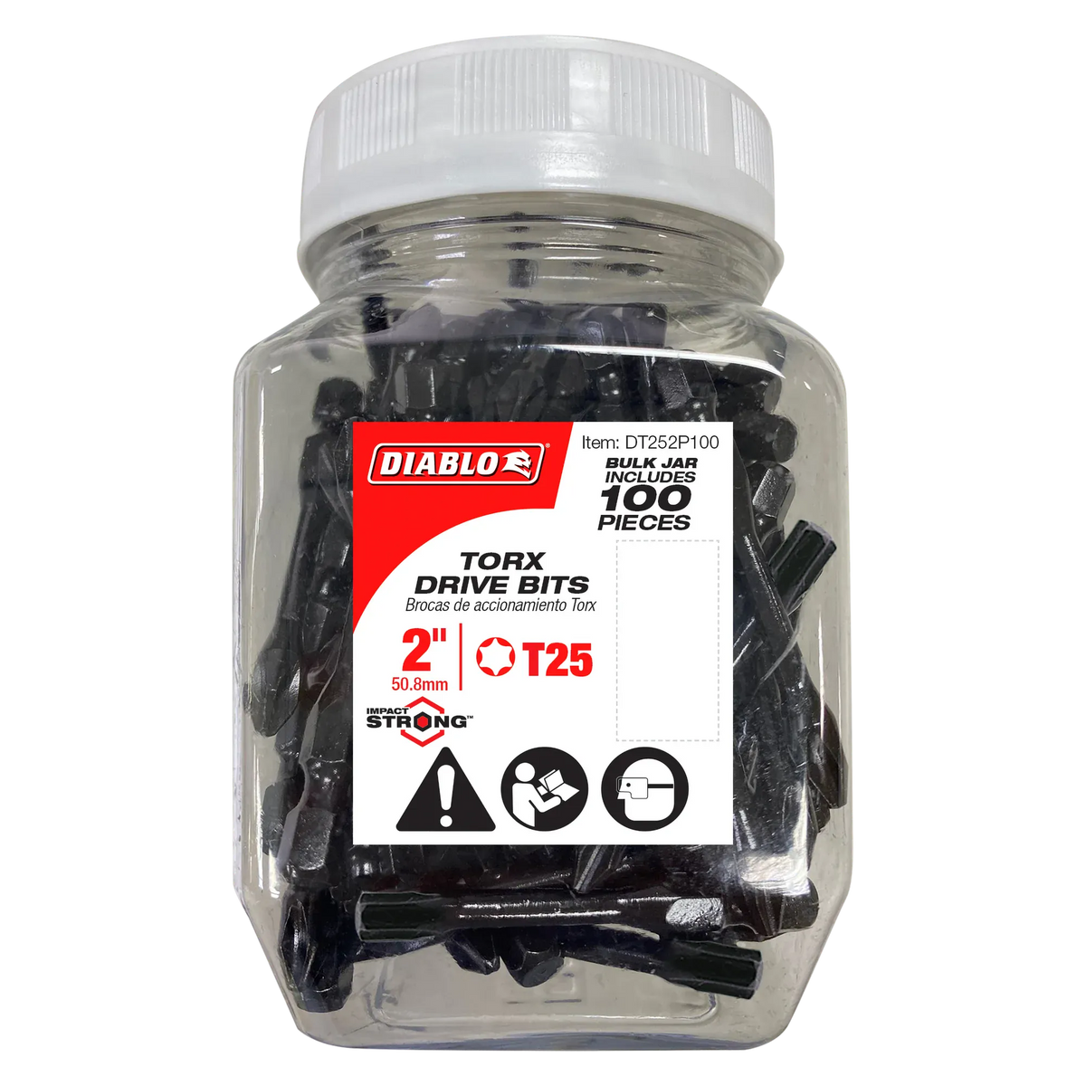 Clear plastic bulk storage jar containing black Diablo 2-inch T25 Torx impact driver bits, featuring a highly visible red and white product label detailed with the item code, 100-pack indicator, star drive graphics, and the Impact Strong branding.
