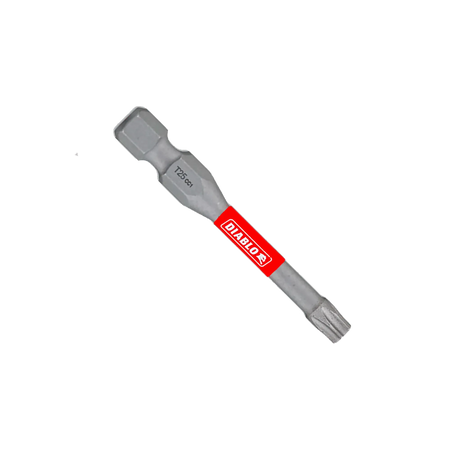 A single gray Diablo DT252P100 2-inch T25 Torx impact driver bit centered against a clean white background, showcasing its 1/4-inch hex shank with a laser-etched T25 size indicator, a red torsion zone sleeve with the prominent brand name logo, and a star drive tip layout.