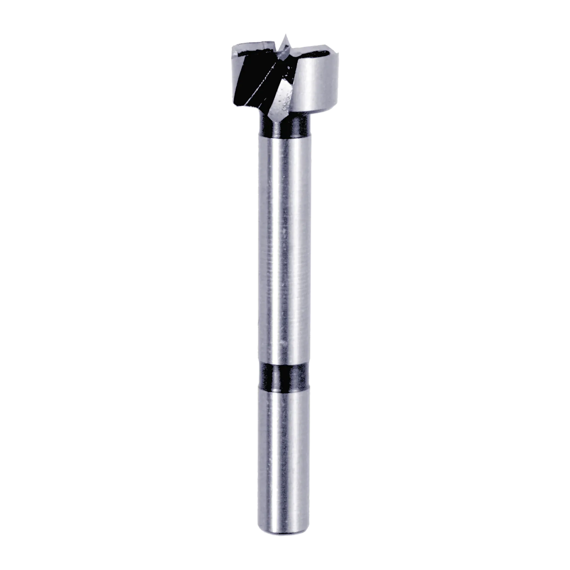 Studio shot of the Diablo 3/4 inch Forstner bit angled diagonally, highlighting the 3/8 inch shank and sharp center spur for precision drilling.