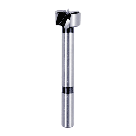 Studio shot of the Diablo 3/4 inch Forstner bit angled diagonally, highlighting the 3/8 inch shank and sharp center spur for precision drilling.