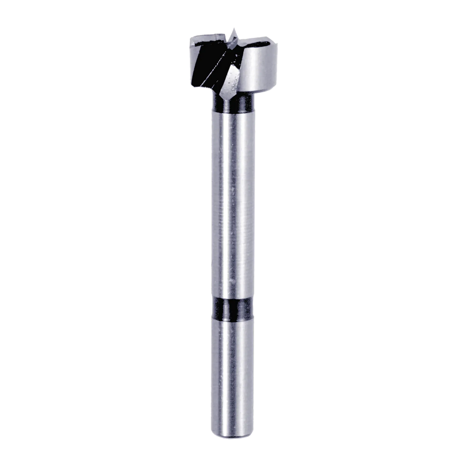 Studio shot of the Diablo 3/4 inch Forstner bit angled diagonally, highlighting the 3/8 inch shank and sharp center spur for precision drilling.