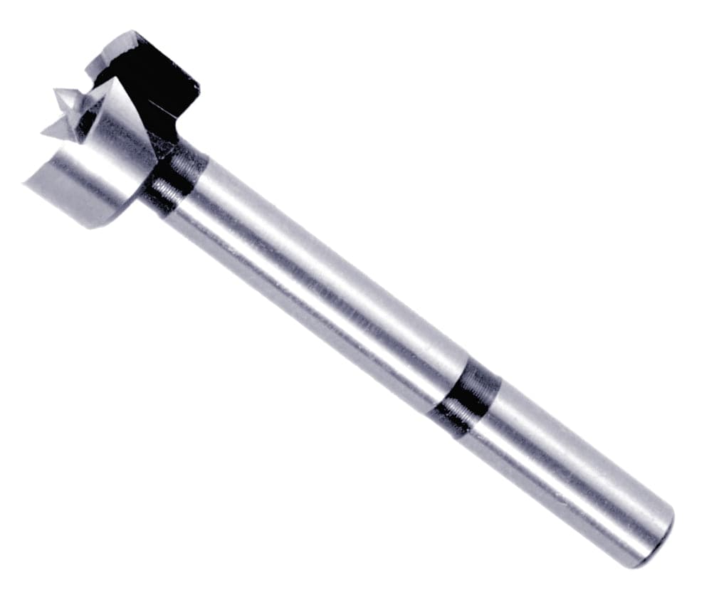Studio shot of the Diablo 7/8 inch Forstner bit angled diagonally, highlighting the 3/8 inch shank and sharp center spur for precision drilling.