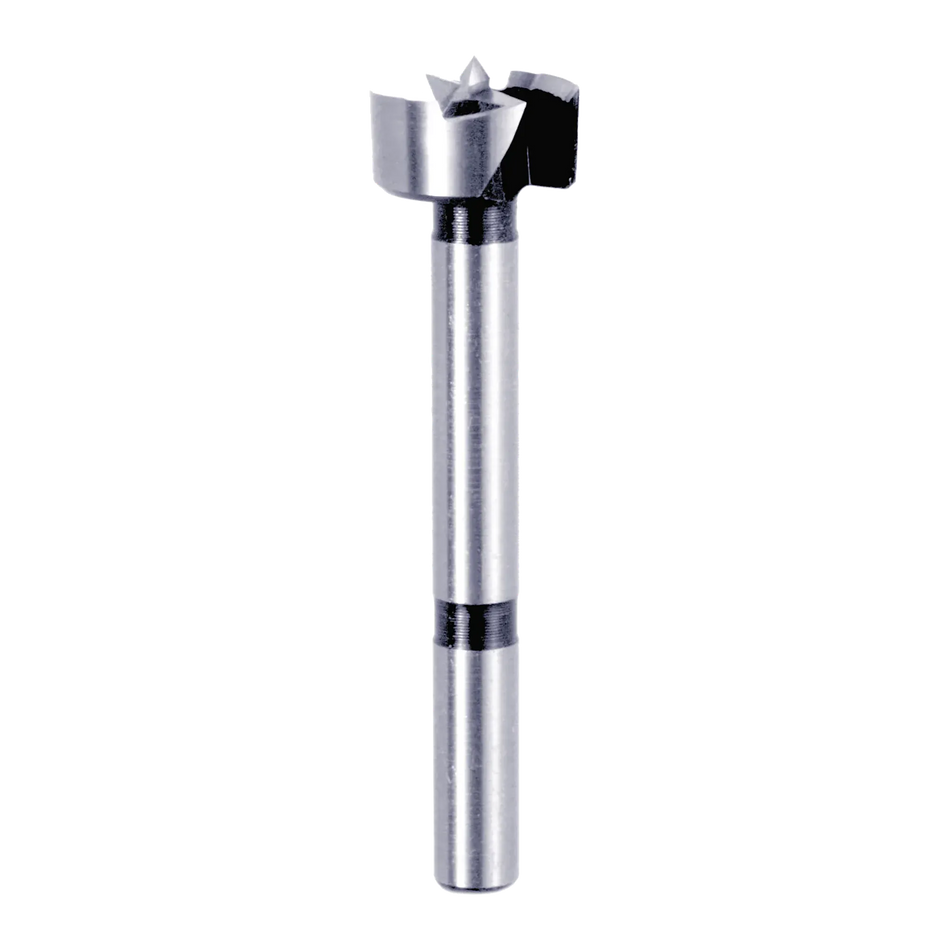 Studio shot of the Diablo 7/8 inch Forstner bit angled diagonally, highlighting the 3/8 inch shank and sharp center spur for precision drilling.