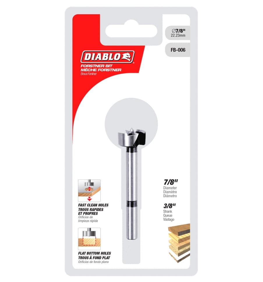 Retail packaging for the Diablo 7/8 inch Forstner bit, featuring a hanging card with diagrams showing flat bottom hole capabilities and size specifications.